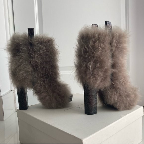 BRUNELLO CUCINELLI | ´Bordeaux’ Brown Leather Peep Toe Slip Bootie Gray Fur 37.5 - Picture 8 of 13